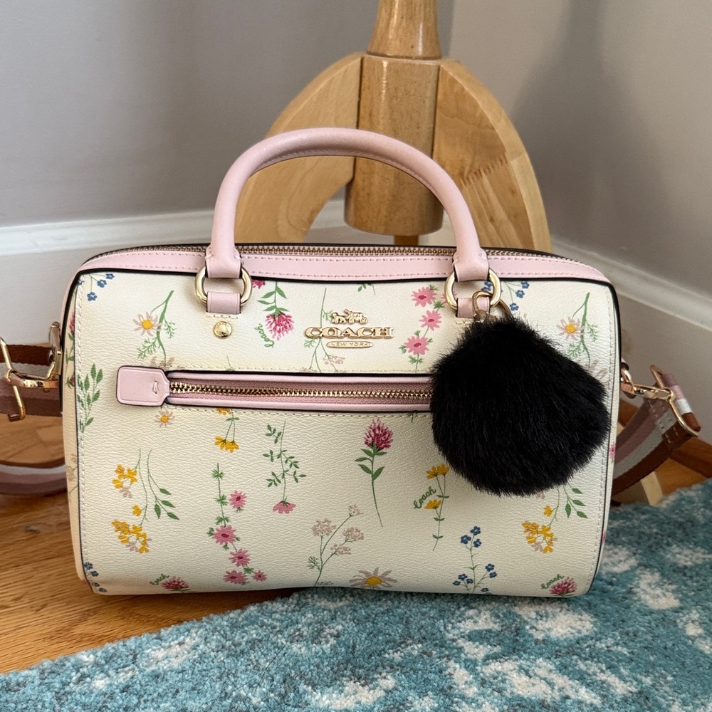 Coach Cream Floral Satchel with Pink Accents